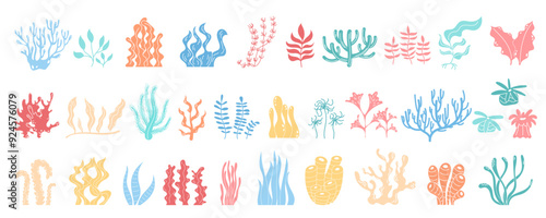 Underwater reef and marine plants set in vibrant colors. Varied sea flora like kelp, algae, seaweed with design elements. Beautiful aquatic life icons in cartoon graphic style.