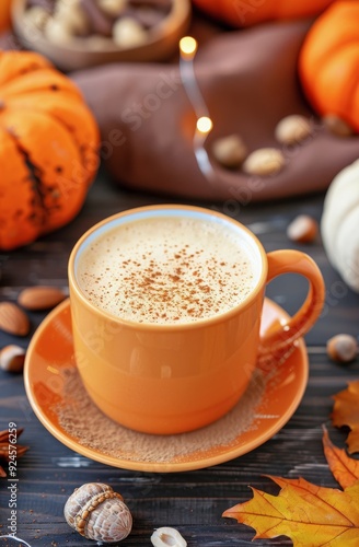 Cozy Autumn Coffee With Pumpkin Decor and Treats on a Wooden Table