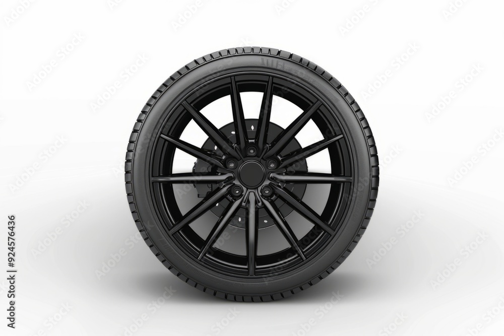 Fototapeta premium Sleek black alloy wheel with modern design. High-quality automotive part for cars. Minimalist style suitable for various vehicles. Perfect for stock images and ads. Generative AI