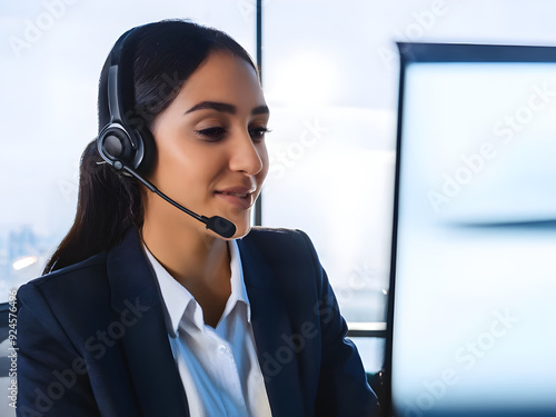 Customer service rep with headset focused on computer screen