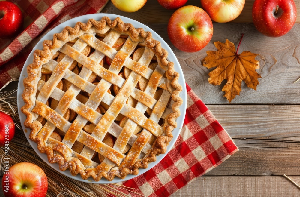Freshly Baked Apple Pie Surrounded by Red Apples and Autumn Decor Freshly Baked Apple Pie Surrounded by Red Apples and Autumn Decor