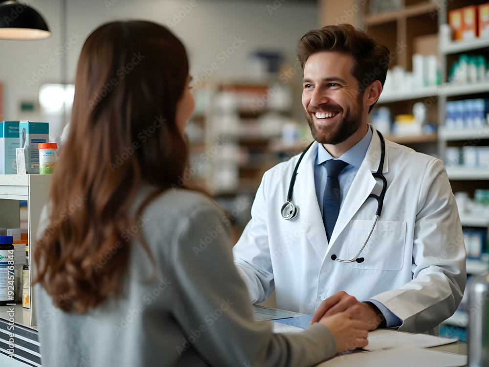 Friendly pharmacist man assisting a customer at a pharmacy counter Friendly pharmacist man assisting a customer at a pharmacy counter