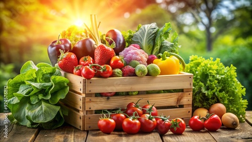 Bountiful harvest of colorful fruits and vegetables, including crisp lettuce, juicy tomatoes, and plump strawberries, arranged in a rustic wooden crate on a sunny background.