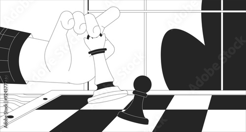 Chess strategy in business black and white 2D illustration concept. Queen chess piece defeating pawn outline cartoon. Checkmate game. Strategic chessboard match metaphor monochrome vector art