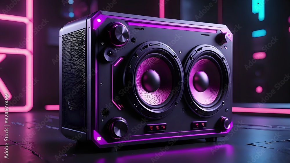 Powerful black speaker with pink neon lights, isolated on a dark background. Powerful black speaker with pink neon lights, isolated on a dark background.