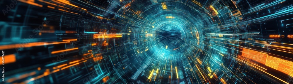 Abstract digital tunnel with glowing lines and data streams Abstract digital tunnel with glowing lines and data streams