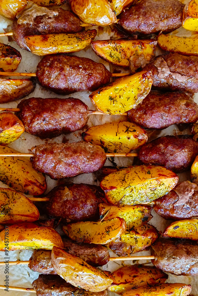 Chicken Kiev with sliced potatoes, grilled, close-up. Chicken Kiev with sliced potatoes, grilled, close-up.