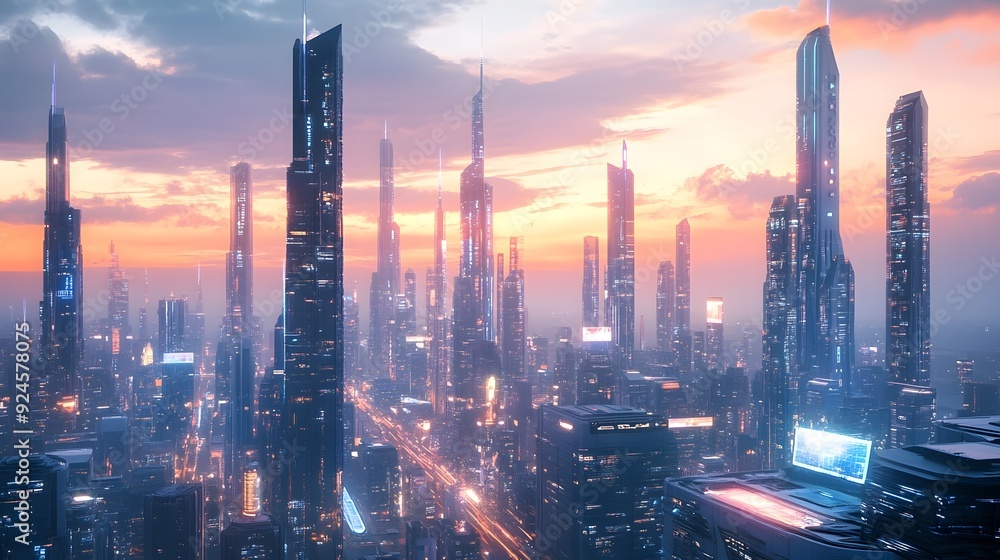 Fototapeta premium Futuristic Metropolis with Sustainable Skyscrapers and Advanced Transportation Solutions