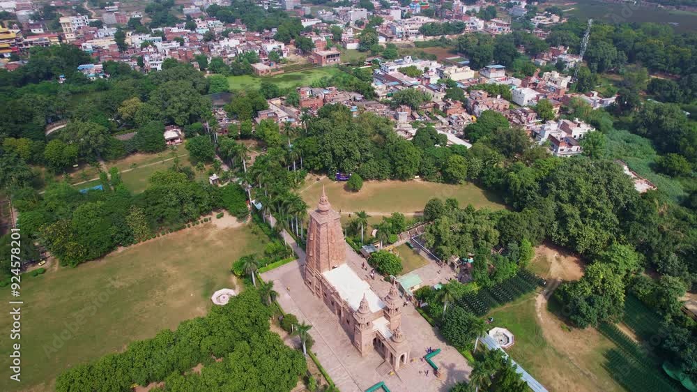 aerial view of Sarnath temple Varanasi with tall spires, surrounded by lush greenery and neatly arranged gardens. India aerial view of Sarnath temple Varanasi with tall spires, surrounded by lush greenery and neatly arranged gardens. India
