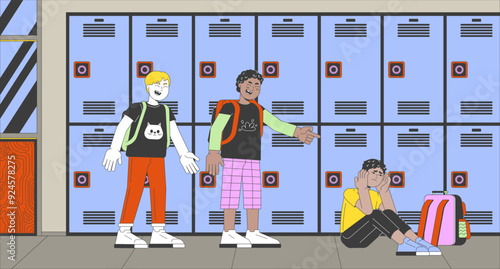 Bullying in elementary school cartoon flat illustration. Diverse schoolboys bullies and depressed boy victim 2D characters colorful background. Humiliation racism kids scene vector storytelling image