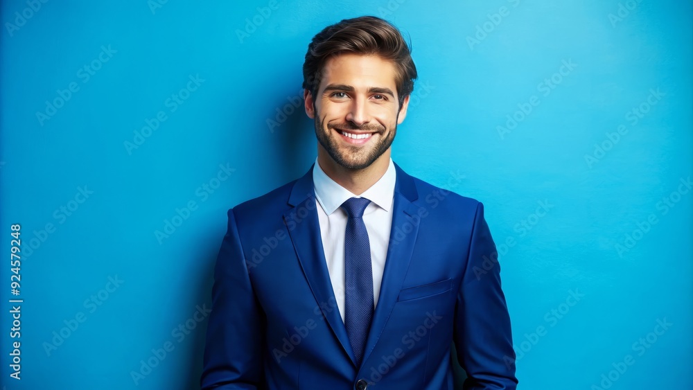 Confident young professional with a friendly smile, dressed in a crisp suit, poses against a bright blue background, exuding approachability and entrepreneurial spirit. Confident young professional with a friendly smile, dressed in a crisp suit, poses against a bright blue background, exuding approachability and entrepreneurial spirit.