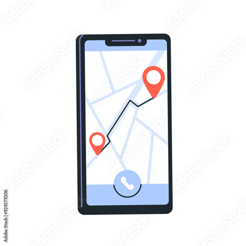 Digital map, GPS app on mobile phone screen. Navigation application finding r...