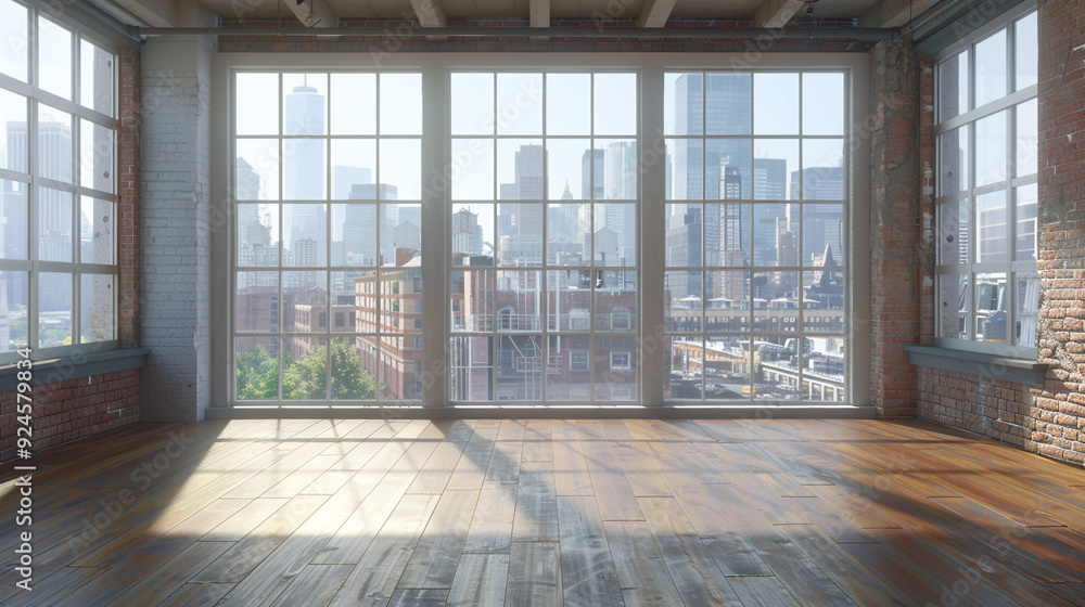 An empty loft room with expansive large windows allowing natural light to flood the space. An empty loft room with expansive large windows allowing natural light to flood the space.