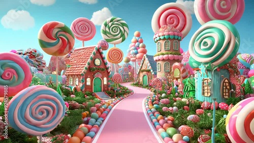 Colorful Candy Wonderland with Giant Lollipops and Whimsical Sweet-Themed Houses in a Fantasy Setting