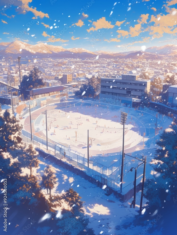 Fototapeta premium Enchanting Anime-Style Winter Campus: Top-View Snowy Wonderland for Creative Marketing. AI-Generated 4K Illustration Depicting Romantic School Grounds with Falling Snowflakes, Perfect for 2025 Winter 