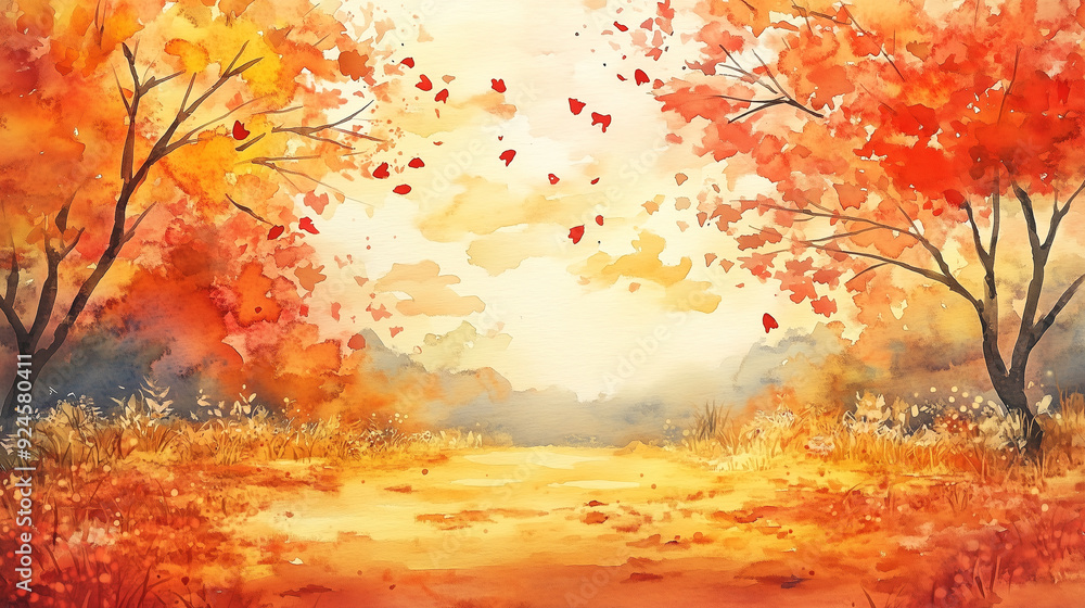 黄金色に染まる秋の小道 - 心が温まる美しい紅葉の水彩イラスト 黄金色に染まる秋の小道 - 心が温まる美しい紅葉の水彩イラスト