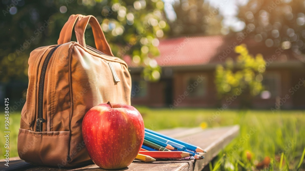 rentrée scolaire, cartable, pomme et crayons, sac d'élève posé au ...