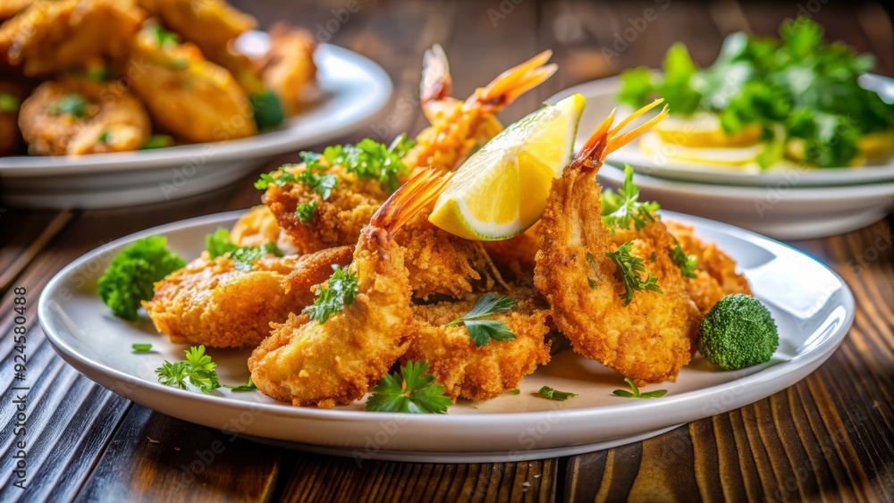 Crispy golden fried shrimp arranged on a white plate, garnished with fresh parsley and lemon wedges, against a blurred background of a restaurant setting. Crispy golden fried shrimp arranged on a white plate, garnished with fresh parsley and lemon wedges, against a blurred background of a restaurant setting.