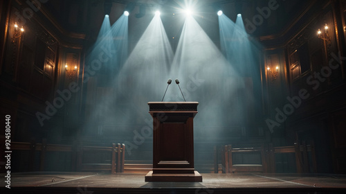 A classic debate stage featuring a polished wooden podium under a dramatic spotlight. 