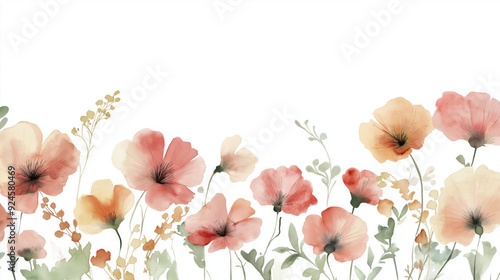 A border of spring flowers with more flowers scattered in the grass