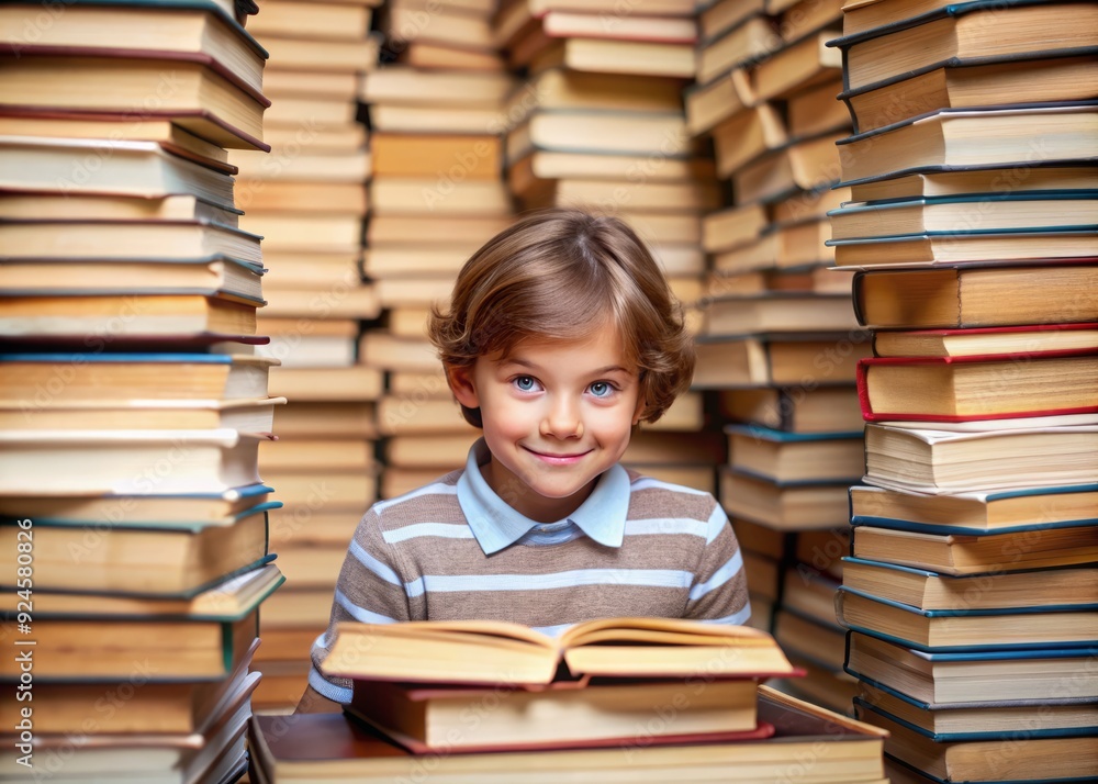Curious young student surrounded by stacks of books, fully immersed in reading, symbolizing love for learning and pursuit of knowledge in a educational setting. Curious young student surrounded by stacks of books, fully immersed in reading, symbolizing love for learning and pursuit of knowledge in a educational setting.
