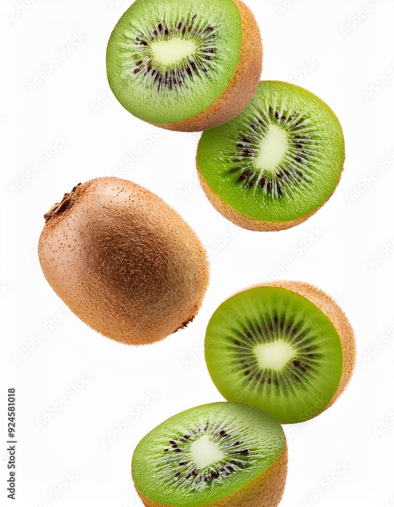 Fototapeta premium Isolated Falling Kiwi with Full Depth of Field on White Background