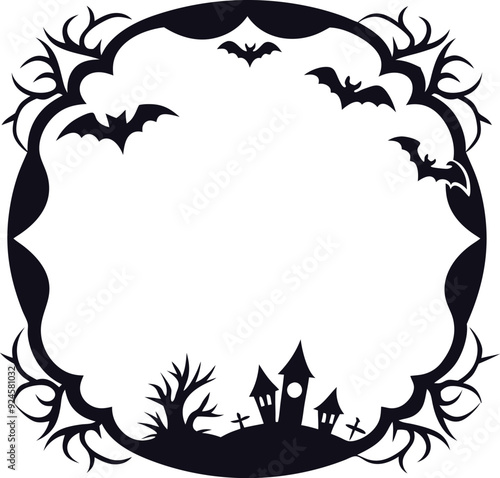 halloween spooky bats and haunted house circular frame illustration photo