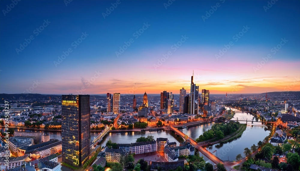 Naklejka premium High resolution aerial panoramic view of Frankfurt, Germany after sunset.city, view, panorama, architecture, landscape,
