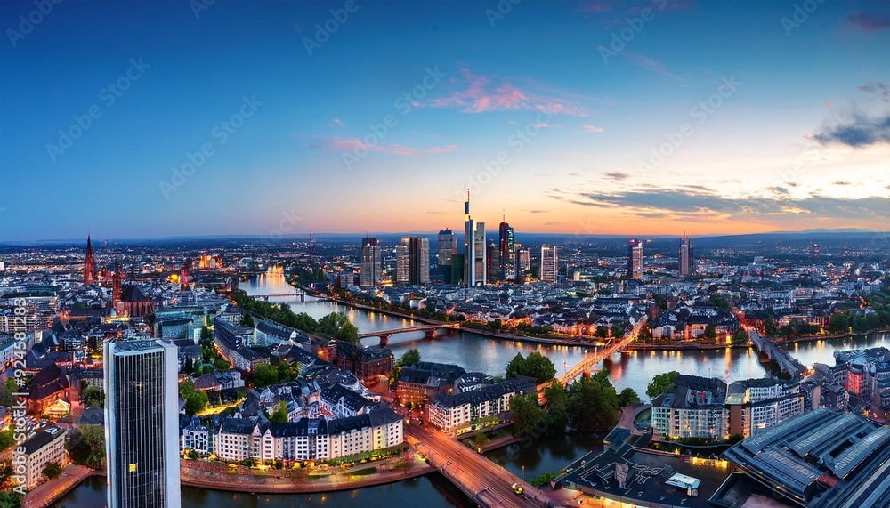 Fototapeta premium High resolution aerial panoramic view of Frankfurt, Germany after sunset.city, panorama, view, landscape, architecture, skyline