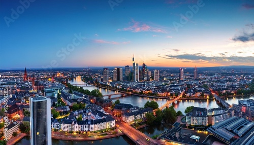 High resolution aerial panoramic view of Frankfurt, Germany after sunset.city, panorama, view, landscape, architecture, skyline