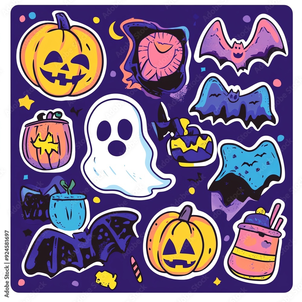 Fototapeta premium Colorful Halloween stickers featuring pumpkins, ghosts, bats, and spooky elements perfect for festive decoration and crafts.