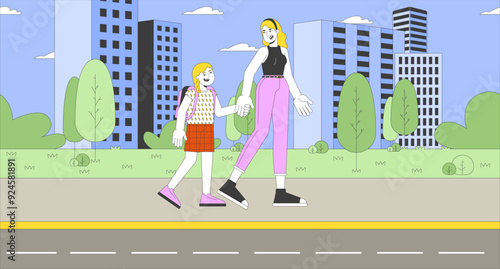 Mother taking daughter to school cartoon flat illustration. Caucasian blonde schoolgirl mom 2D characters colorful background. Morning elementary. Road to school scene vector storytelling image