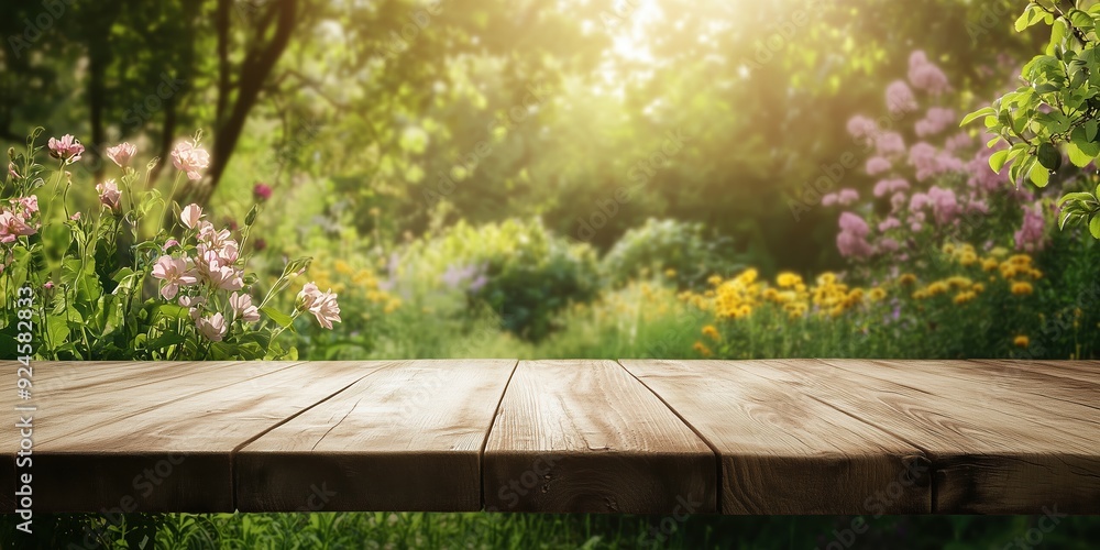 Naklejka premium Rustic wooden table in a sunlit garden surrounded by blooming flowers and lush green foliage. Perfect for outdoor product displays with a bright, warm, and colorful background.
