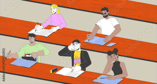 Lecture hall with students cartoon flat illustration. University graduate freshmen college life 2D characters colorful background. Diverse audience auditorium scene vector storytelling image