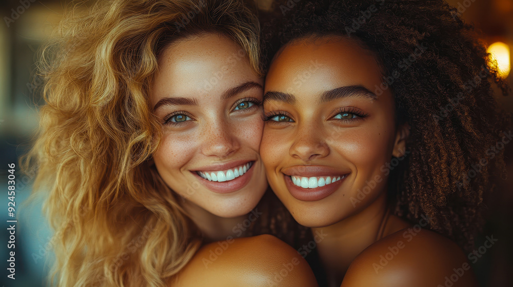 Two Women Embracing at Home with Bright Smiles, Celebrating Friendship and Happiness in a Cozy, Light-filled Setting Two Women Embracing at Home with Bright Smiles, Celebrating Friendship and Happiness in a Cozy, Light-filled Setting