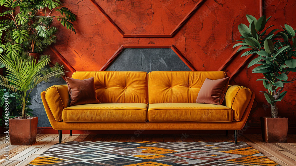 A mid-century modern living room with retro geometric wallpaper in orange and brown, matched with a stylish mustard yellow fabric sofa. A mid-century modern living room with retro geometric wallpaper in orange and brown, matched with a stylish mustard yellow fabric sofa.