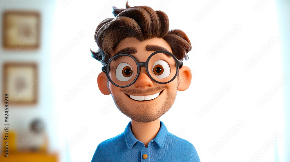 Smiling Cartoon Man in Blue Shirt with Big Glasses, 3D Style Happy Adult Character, Concept for Positive Emotions and Expressive Human Feelings in Light Background Smiling Cartoon Man in Blue Shirt with Big Glasses, 3D Style Happy Adult Character, Concept for Positive Emotions and Expressive Human Feelings in Light Background