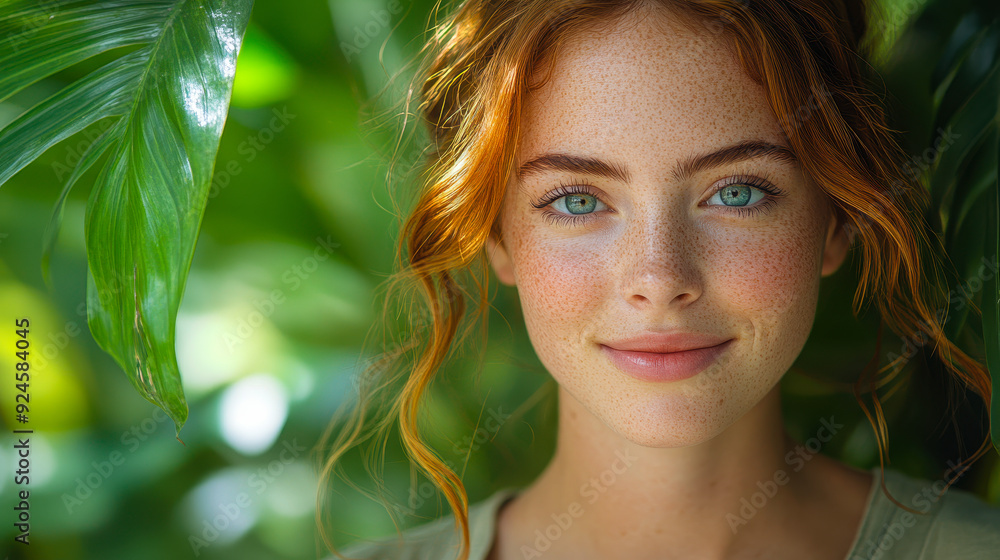 Smiling Young Nordic Woman in Vibrant Jungle Garden with Exotic Plants Portrait Cinematic Close-Up Smiling Young Nordic Woman in Vibrant Jungle Garden with Exotic Plants Portrait Cinematic Close-Up