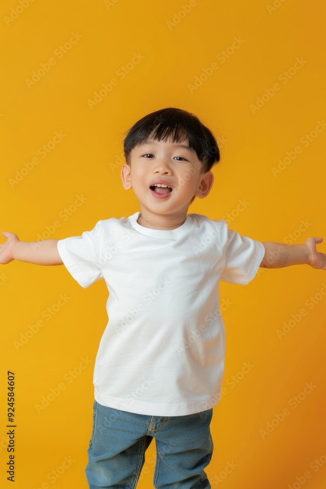 Smiling Child in White T-Shirt on Vibrant Color Background Smiling Child in White T-Shirt on Vibrant Color Background
