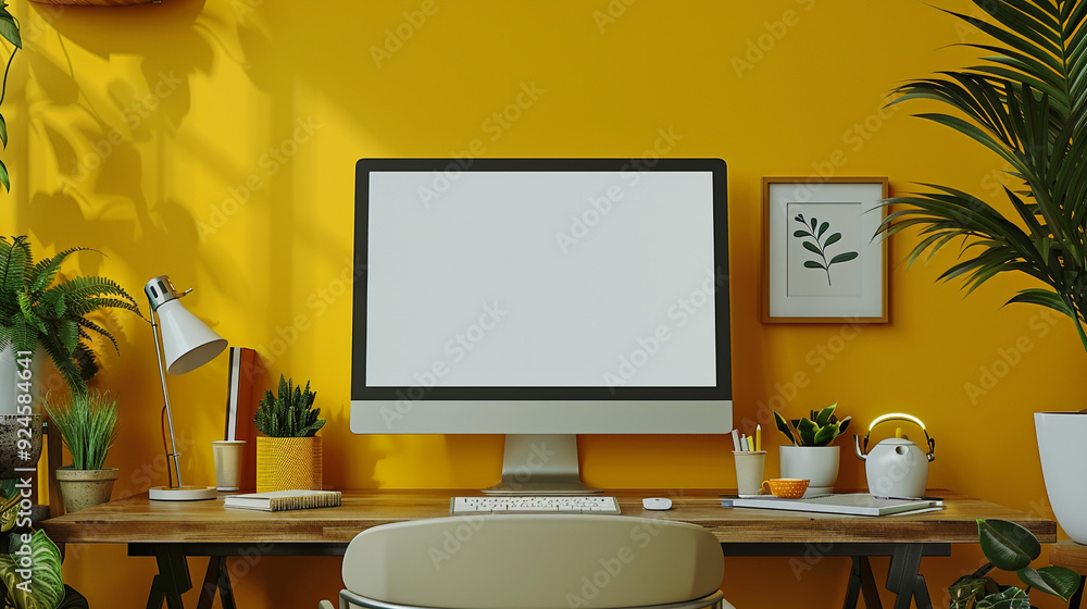Fototapeta premium A modern workspace featuring a PC computer with a white-screen mockup on a sleek desk, placed against a bold mustard yellow wall. 