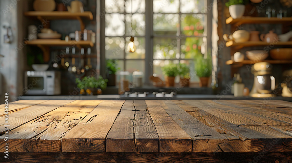 A natural, unfinished wooden tabletop with a rustic charm, set against a blurred background of a farmhouse-style home kitchen. A natural, unfinished wooden tabletop with a rustic charm, set against a blurred background of a farmhouse-style home kitchen.