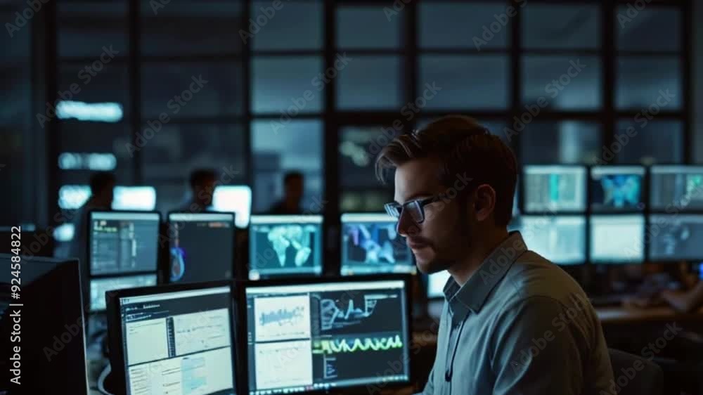 A man sits at a desk in a darkened room, intently studying a computer screen displaying charts and graphs. A man sits at a desk in a darkened room, intently studying a computer screen displaying charts and graphs.