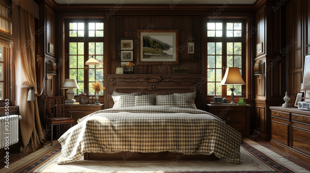 A rustic bedroom with brown and cream gingham checkered bedding, paired with d A rustic bedroom with brown and cream gingham checkered bedding, paired with d