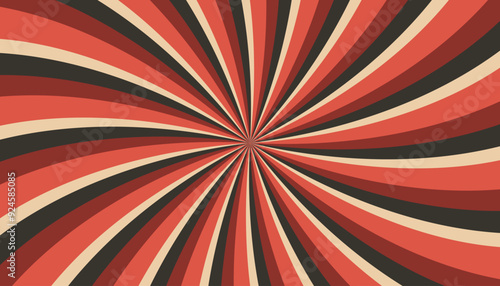 Abstract retro groovy colorful sunburst pattern striped twirl twisted 70s vintage background texture. Spiral radial vector in trendy retro psychedelic style illustration. Route 66 color palettes