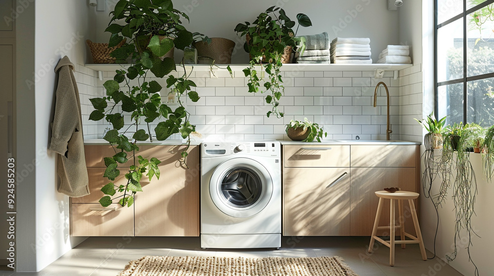 A Scandinavian-inspired laundry room featuring a white washing machine, light oak cabinetry, and a tiled backsplash. A Scandinavian-inspired laundry room featuring a white washing machine, light oak cabinetry, and a tiled backsplash.