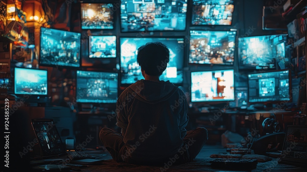 A person sitting in a dark room, illuminated by the glow of multiple screens, highlighting the concept of digital addiction. The individual appears engrossed in their devices, creating a stark A person sitting in a dark room, illuminated by the glow of multiple screens, highlighting the concept of digital addiction. The individual appears engrossed in their devices, creating a stark