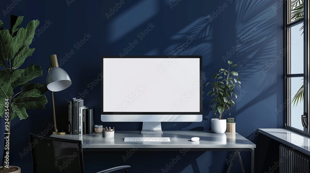 A sleek PC computer with a white-screen mockup on a minimalist desk, set against a deep navy blue wall in a modern room. A sleek PC computer with a white-screen mockup on a minimalist desk, set against a deep navy blue wall in a modern room.