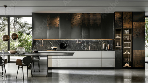 Wallpaper Mural A sleek, contemporary kitchen with black and white cabinets and a large island. Torontodigital.ca