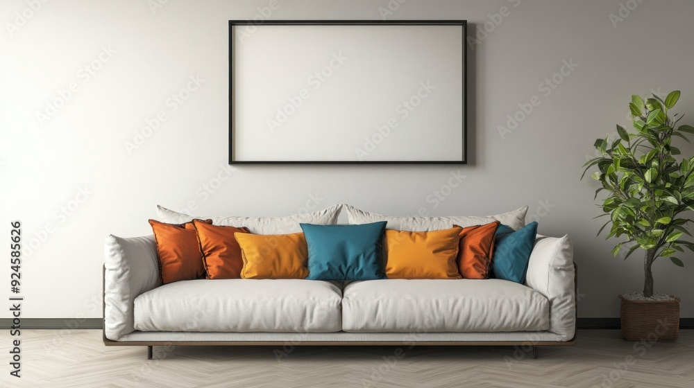 Fototapeta premium White Sofa with Colorful Pillows and a Framed Canvas in a Minimalist Living Room