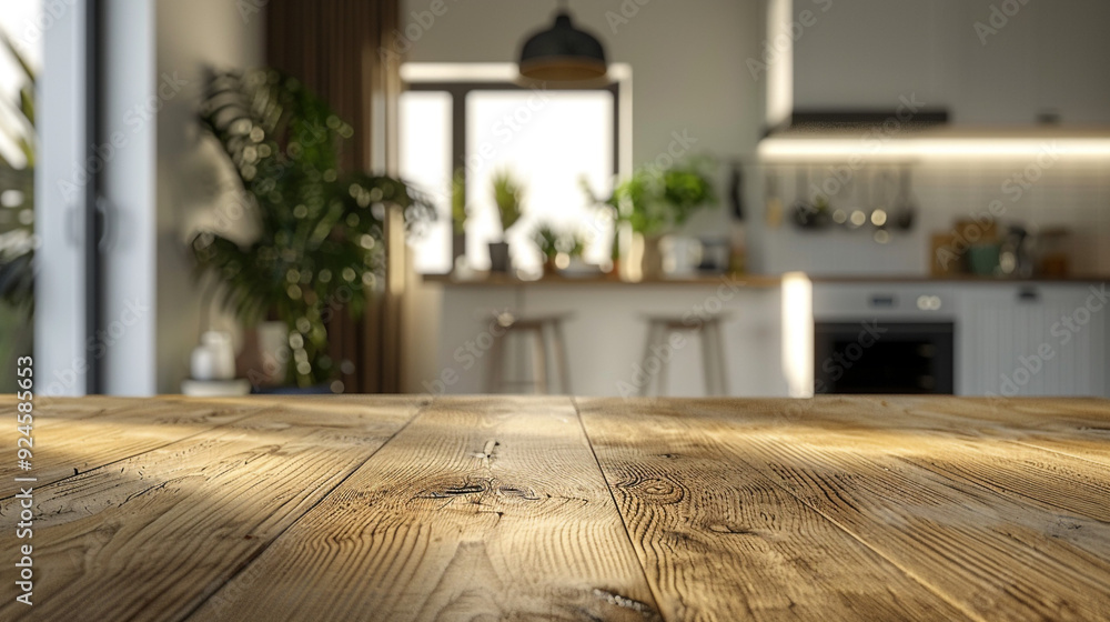 A smooth, light oak wooden tabletop in the foreground with a blurred background of a modern home kitchen. A smooth, light oak wooden tabletop in the foreground with a blurred background of a modern home kitchen.